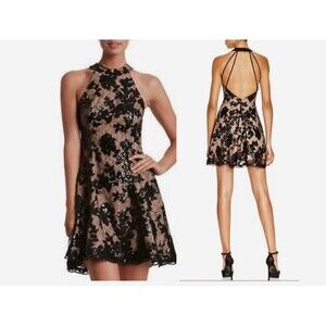 Dress the Population Halter Black Dress Abbie Sequin Mesh Open Back Strappy Sz S